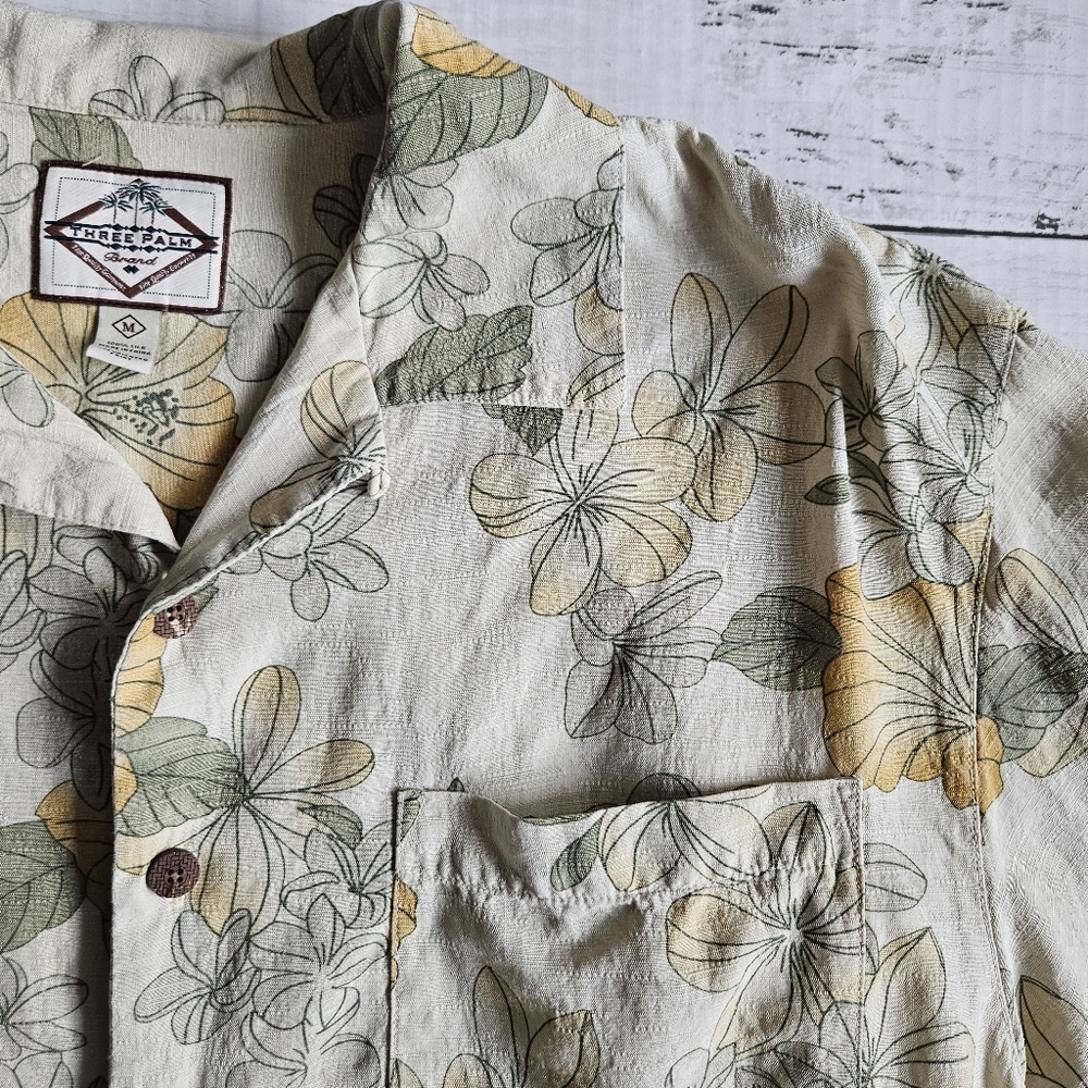 Three Palm Brand 100% Silk‎ Hawaiian Print Shirt Size Medium